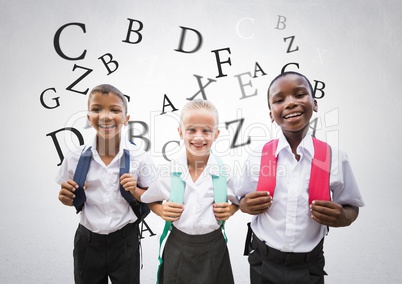 Many letters around School kids in front of grey background