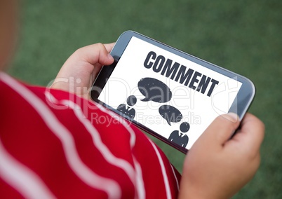Comment text and chat graphic on phone screen with hands
