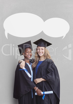 Graduate student women with speech bubble against grey background