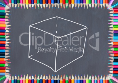 cube on blackboard with coloring pencils