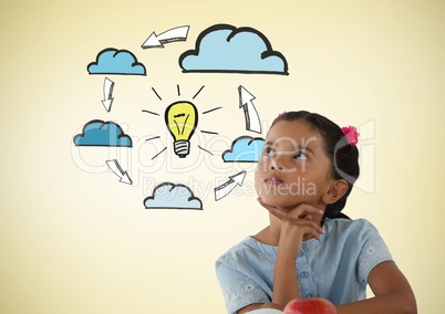Girl looking up with light bulb and clouds graphics