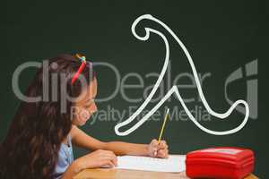 Student girl at table writing against green blackboard with school and education graphic