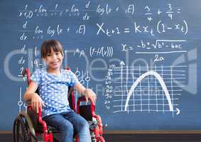 Disabled girl in wheelchair in front of blackboard with math equations