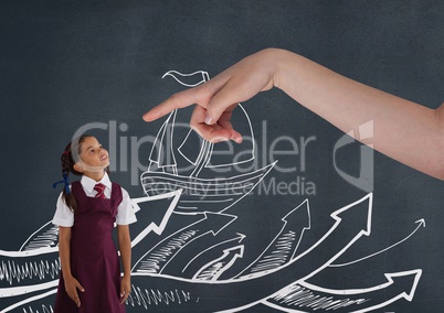 Hand pointing at girl looking up against blue background with boat illustration