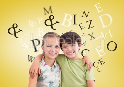 Many letters around Boy and girl hugging in front of yellow background