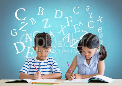 Many letters around School kids writing at desk in front of blue background