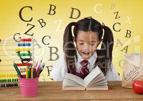 Many letters around Schoolgirl at desk in front of yellow background with abacus and book