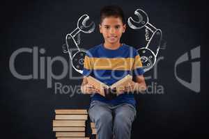 Composite image of schoolboy sitting on stack of books
