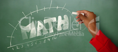 Composite image of cropped image of girl with hand raised holding chalk