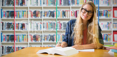 Composite image of student studying in the library