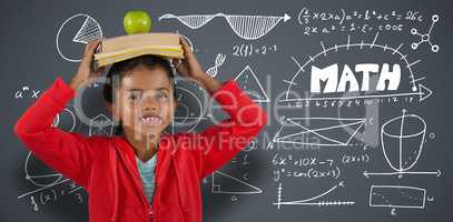 Composite image of girl carrying books and apple on head