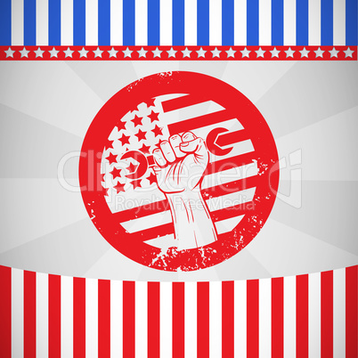 Composite image of cropped hand holding tool and american flag on red poster