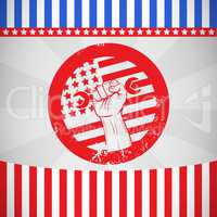 Composite image of cropped hand holding tool and american flag on red poster