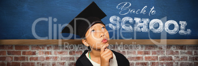 Composite image of thoughtful girl wearing mortarboard with hand on chin