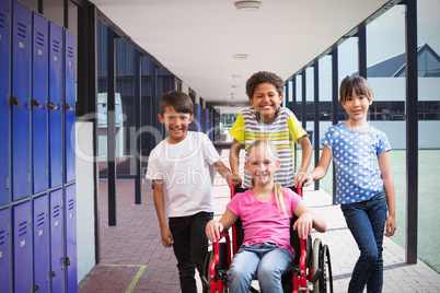 Composite image of cute disabled pupil smiling at camera with her friends