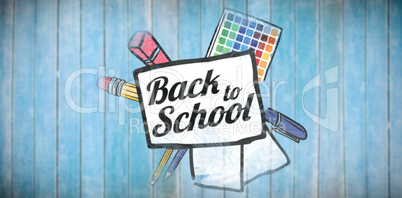 Composite image of back to school text on paper with pen