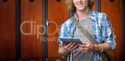 Composite image of student using tablet in library