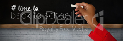 Composite image of cropped image of girl with hand raised holding chalk