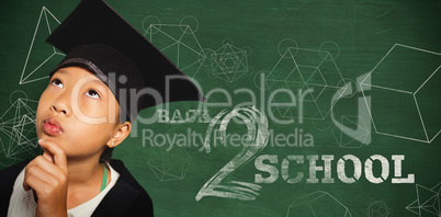 Composite image of thoughtful girl wearing mortarboard with hand on chin