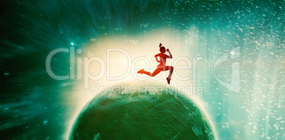 Composite image of fit brunette running and jumping