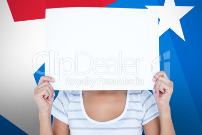 Composite image of woman holding blank sign in front of face