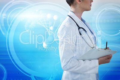 Composite image of female doctor holding clipboard and looking away