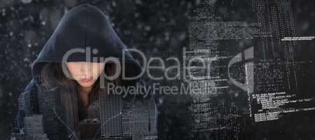 Composite image of female spy in hoodie