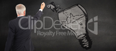 Composite image of rear view of serious businessman standing and writing