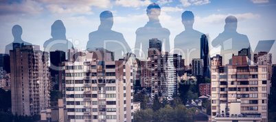 Composite image of colleagues standing over white background