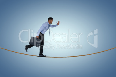 Composite image of side view of businessman running with briefcase