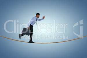 Composite image of side view of businessman running with briefcase