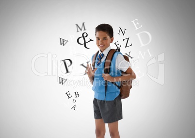 Many letters around Schoolboy in front of grey background