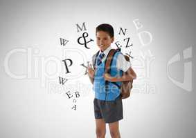 Many letters around Schoolboy in front of grey background