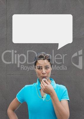 Coach woman with speech bubble against grey background