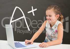 Happy student girl at table using a computer against grey blackboard with A+ text