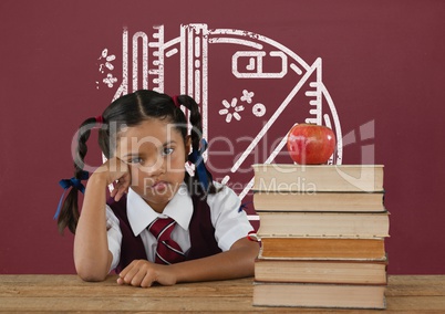 Student girl at table against red blackboard with school and education graphic