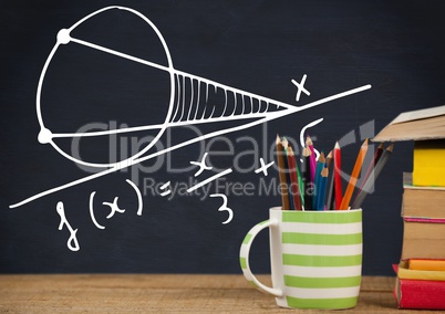 Desk foreground with blackboard graphics of math equations