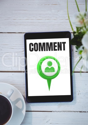 Comment text and location marker graphic on tablet screen