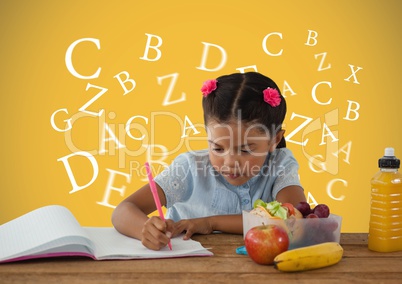 Many letters around Schoolgirl writing with healthy lunch