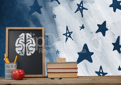 Brain Desk foreground with blackboard graphics of stars