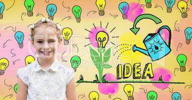 Girl with colorful idea light bulbs graphics