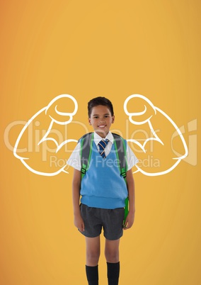 Happy student boy with fists graphic standing against yellow background