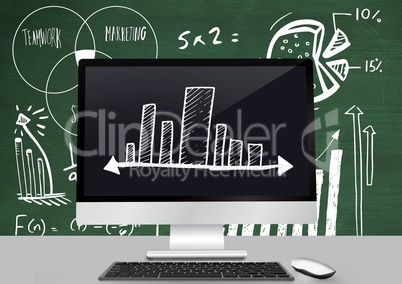 Incremental bar charts on computer in front of blackboard with diagrams