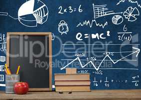 Desk foreground with blackboard graphics of math science diagrams