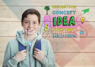Student boy in front of colorful creative concept idea graphics