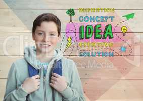 Student boy in front of colorful creative concept idea graphics