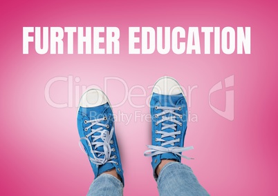 Further Education text and Blue shoes on feet with red background