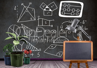 Blackboard and plants in front of diagrams formulas on blackboard