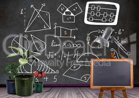 Blackboard and plants in front of diagrams formulas on blackboard