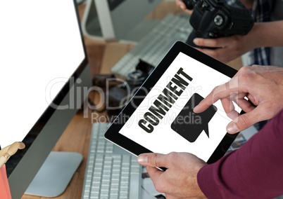 Comment text and chat graphic on tablet screen with hands